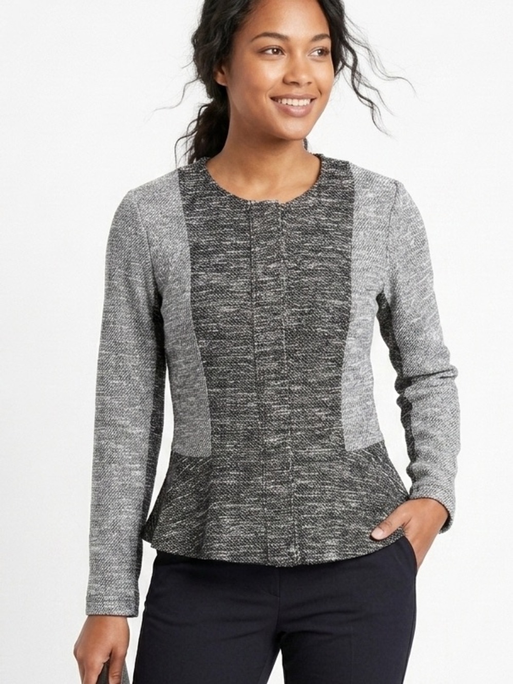 Jockey Black/Grey/White Mixed Tweed Style Snap Peplum Blazer Jacket - Medium 550